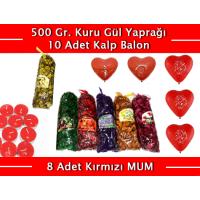 Renkli Kokulu Gül Yaprakları 500 Gr + 10 Kalpli Balon + 8 Kırmızı Mum