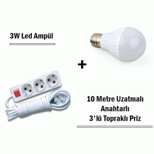 3W Led Ampul + 10 Metre Uzatmalı Anahtarlı 3lü Priz Set